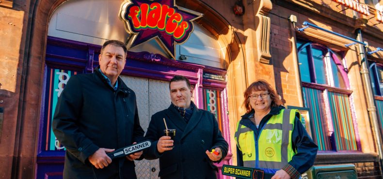 (L-R) Steve Turner - Cleveland PCC, Flares General Manager Mark Warrilow and Alma Dennison, acting chair of Boro Angels, displaying the knife wands